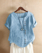 Women's Linen Tunic Blouse with Button Front and Round Neckline
