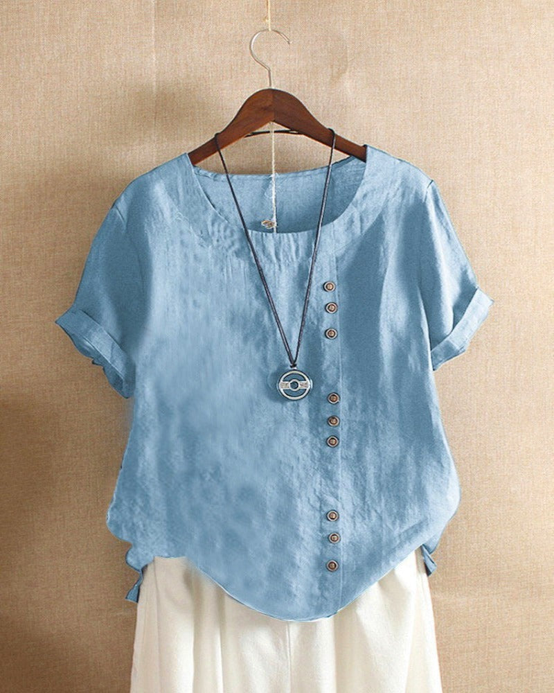 Women's Linen Tunic Blouse with Button Front and Round Neckline