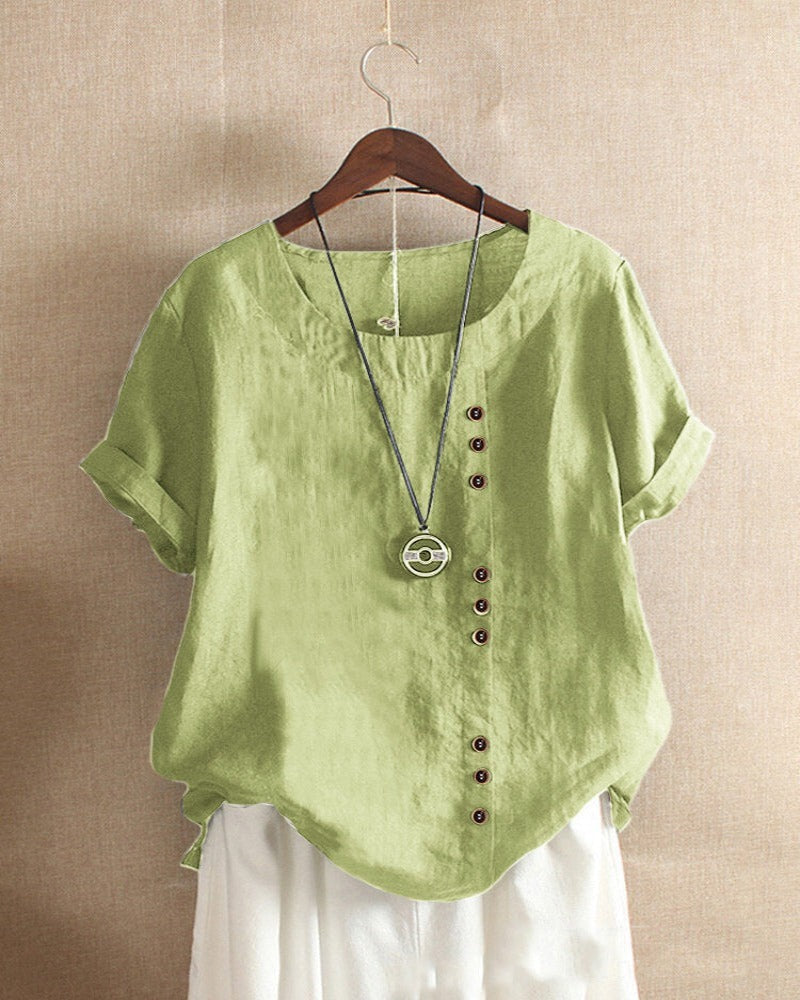Women's Linen Tunic Blouse with Button Front and Round Neckline