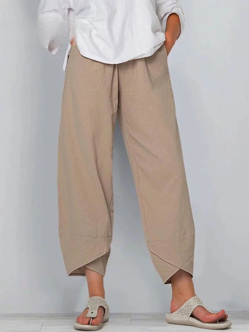 Women's Linen Wide Leg Trousers with Asymmetric Hem