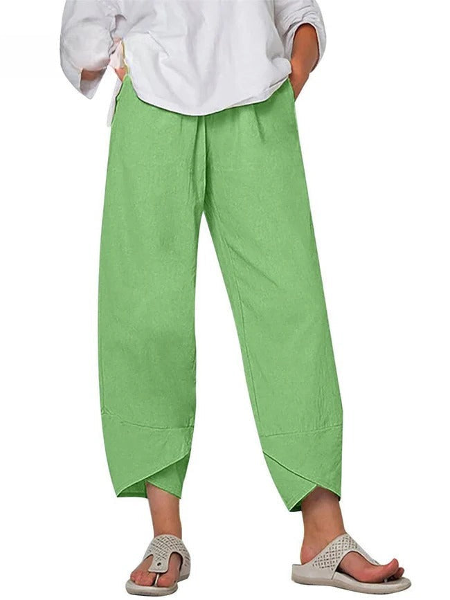 Women's Linen Wide Leg Trousers with Asymmetric Hem