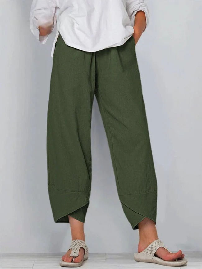 Women's Linen Wide Leg Trousers with Asymmetric Hem