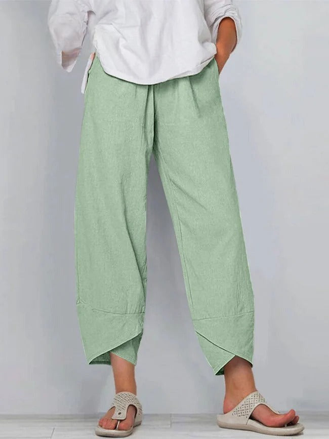 Women's Linen Wide Leg Trousers with Asymmetric Hem