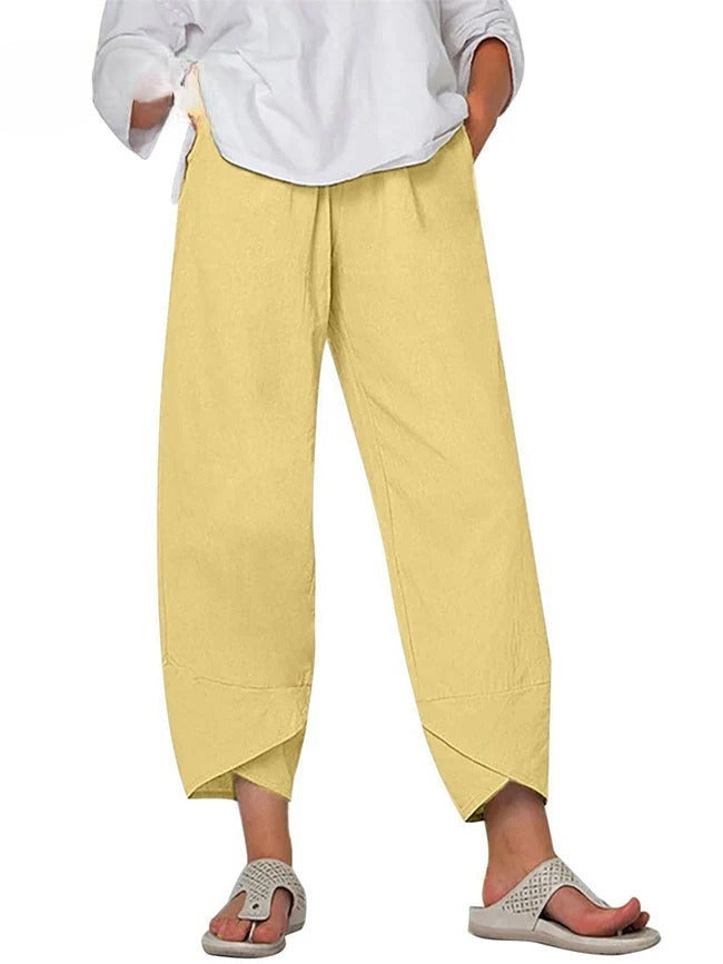 Women's Linen Wide Leg Trousers with Asymmetric Hem