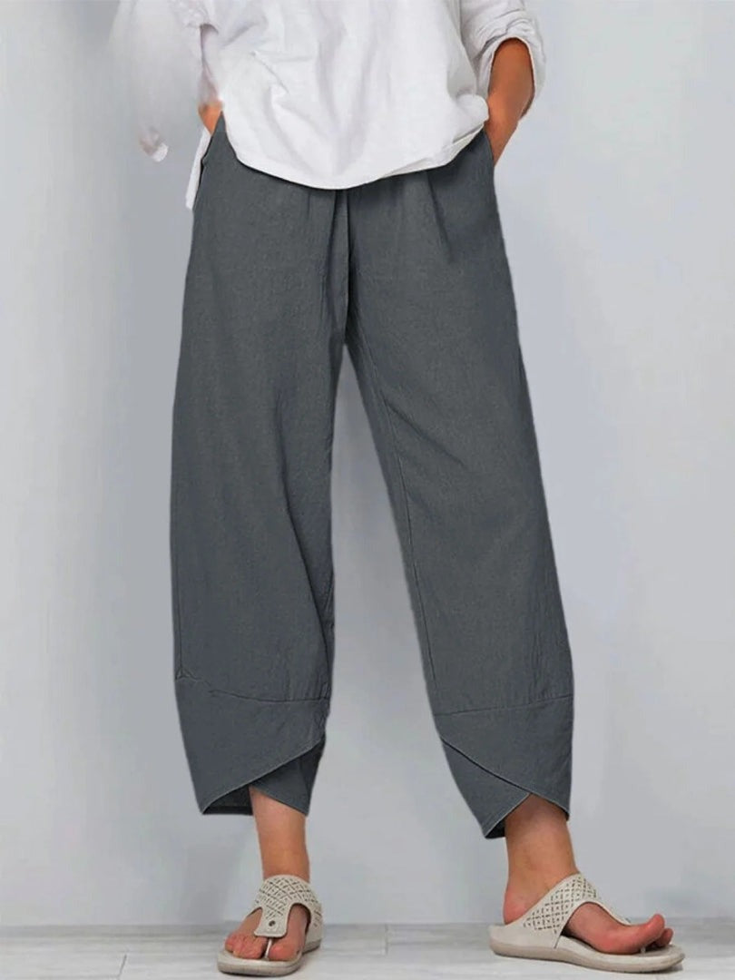 Women's Linen Wide Leg Trousers with Asymmetric Hem
