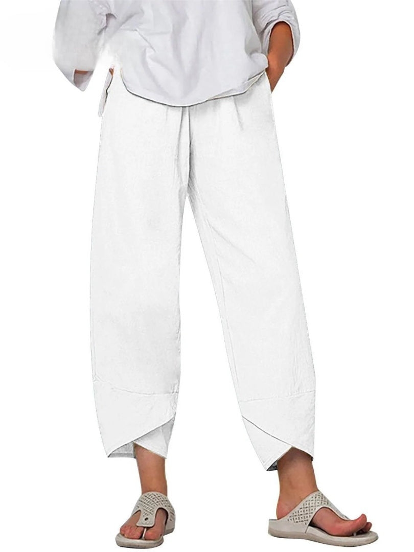 Women's Linen Wide Leg Trousers with Asymmetric Hem