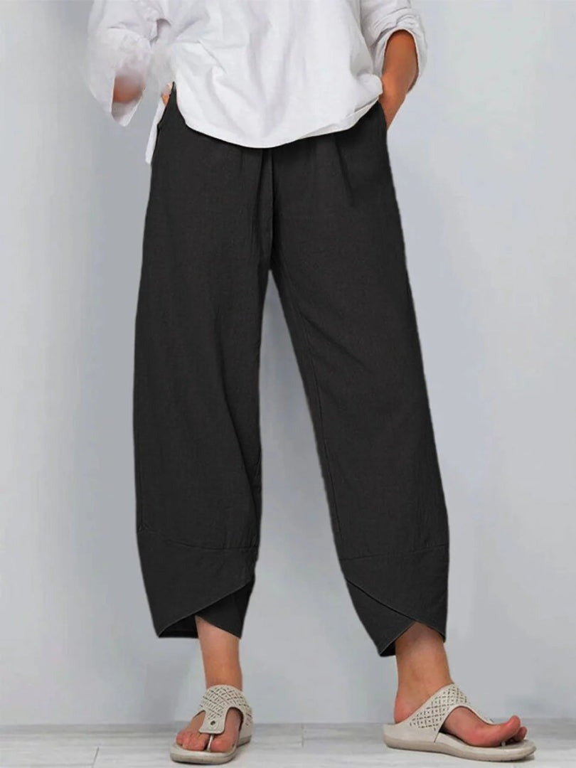 Women's Linen Wide Leg Trousers with Asymmetric Hem