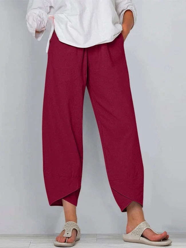 Women's Linen Wide Leg Trousers with Asymmetric Hem