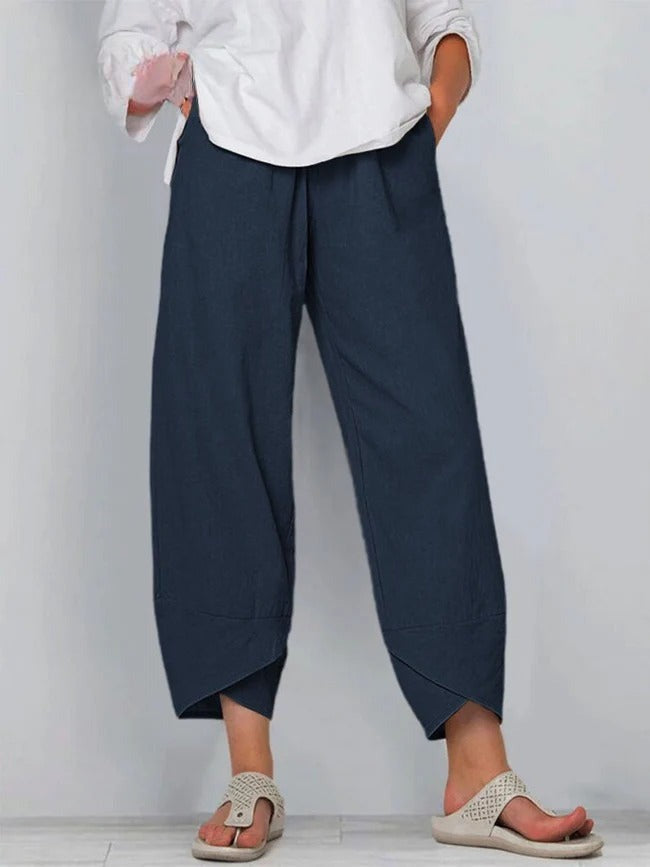 Women's Linen Wide Leg Trousers with Asymmetric Hem