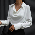 Women's Long Sleeve Blouse with Point Collar and Draped Cowl Neckline