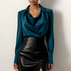 Women's Long Sleeve Blouse with Point Collar and Draped Cowl Neckline