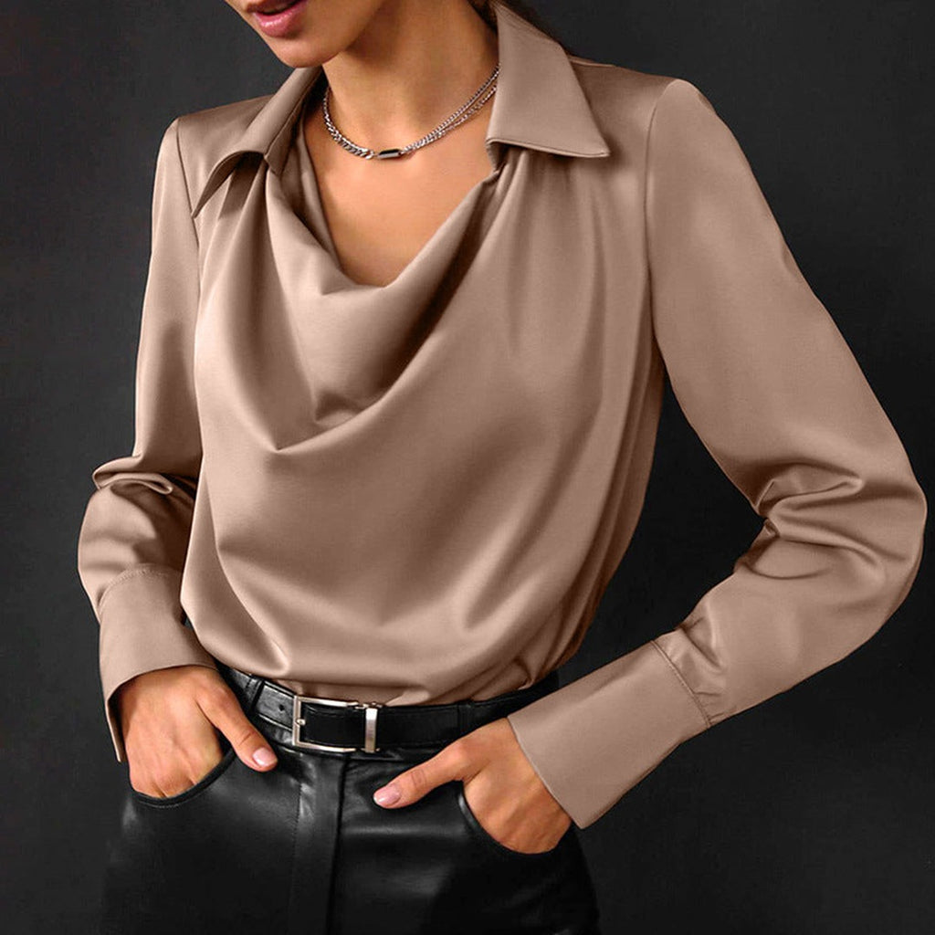 Women's Long Sleeve Blouse with Point Collar and Draped Cowl Neckline