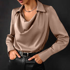 Women's Long Sleeve Blouse with Point Collar and Draped Cowl Neckline