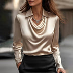 Women's Long Sleeve Blouse with Point Collar and Draped Cowl Neckline