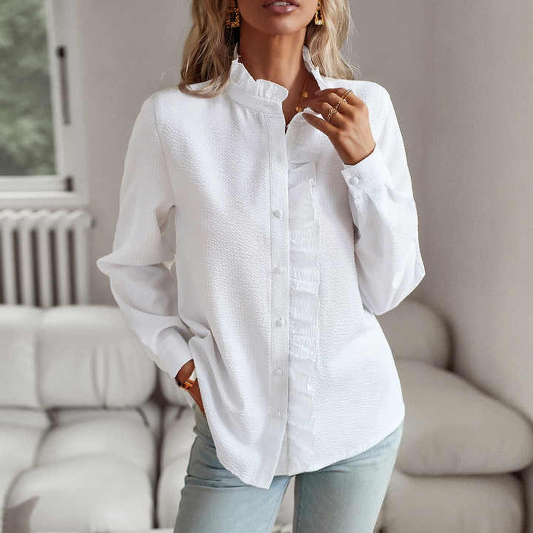 Women's Long Sleeve Button-Down Blouse with Ruffle Trim Collar and Textured Stripe Finish