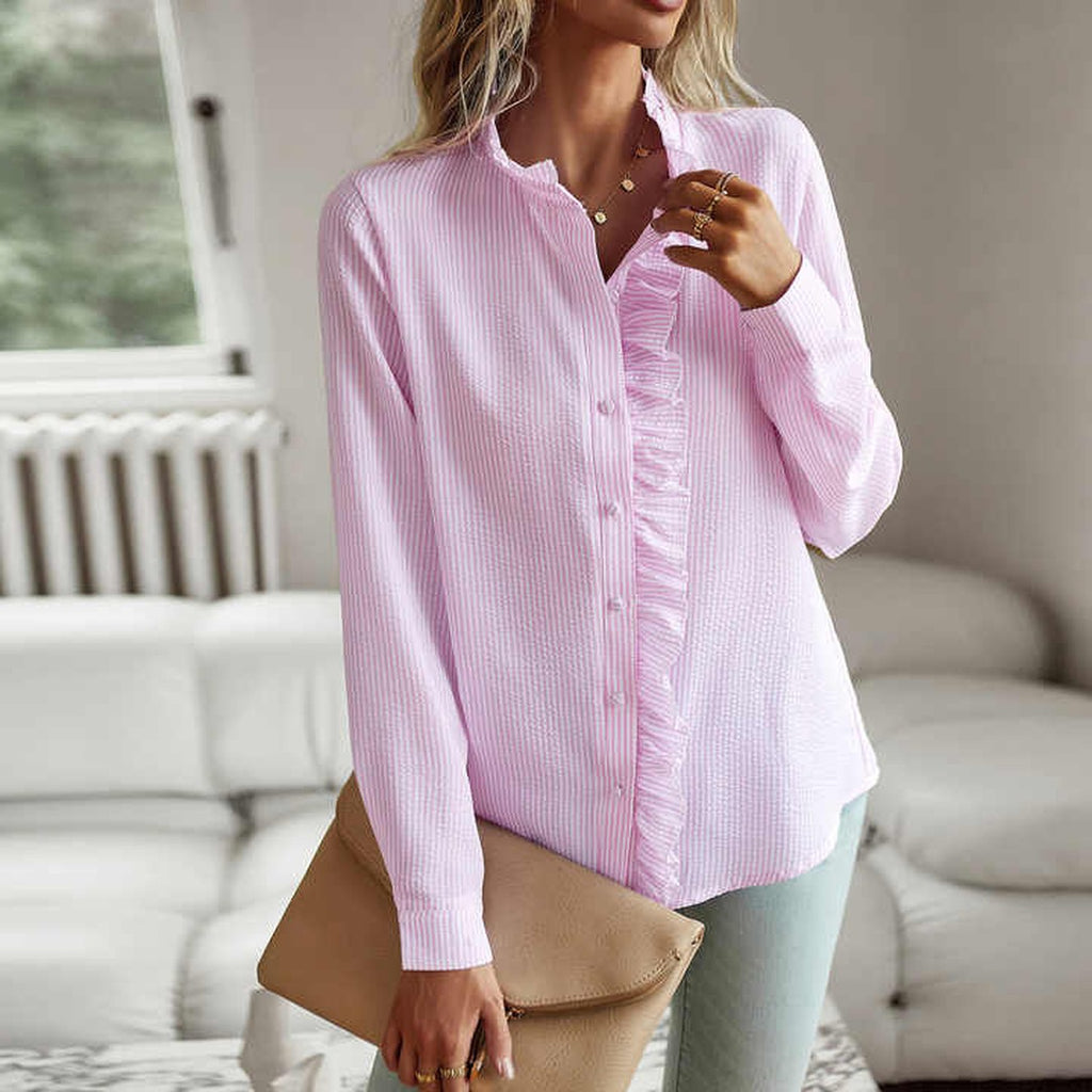 Women's Long Sleeve Button-Down Blouse with Ruffle Trim Collar and Textured Stripe Finish