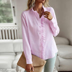 Women's Long Sleeve Button-Down Blouse with Ruffle Trim Collar and Textured Stripe Finish
