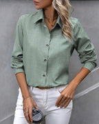 Women's Long Sleeve Button-Down Shirt with Pointed Collar and Buttoned Cuffs