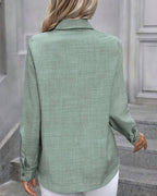 Women's Long Sleeve Button-Down Shirt with Pointed Collar and Buttoned Cuffs