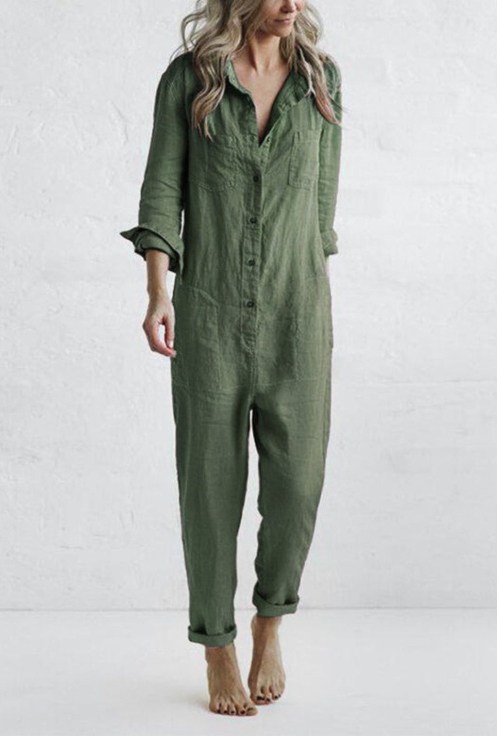Women's Long Sleeve Button-Front Jumpsuit with Point Collar and Patch Pockets