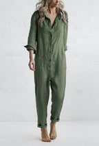 Women's Long Sleeve Button-Front Jumpsuit with Point Collar and Patch Pockets