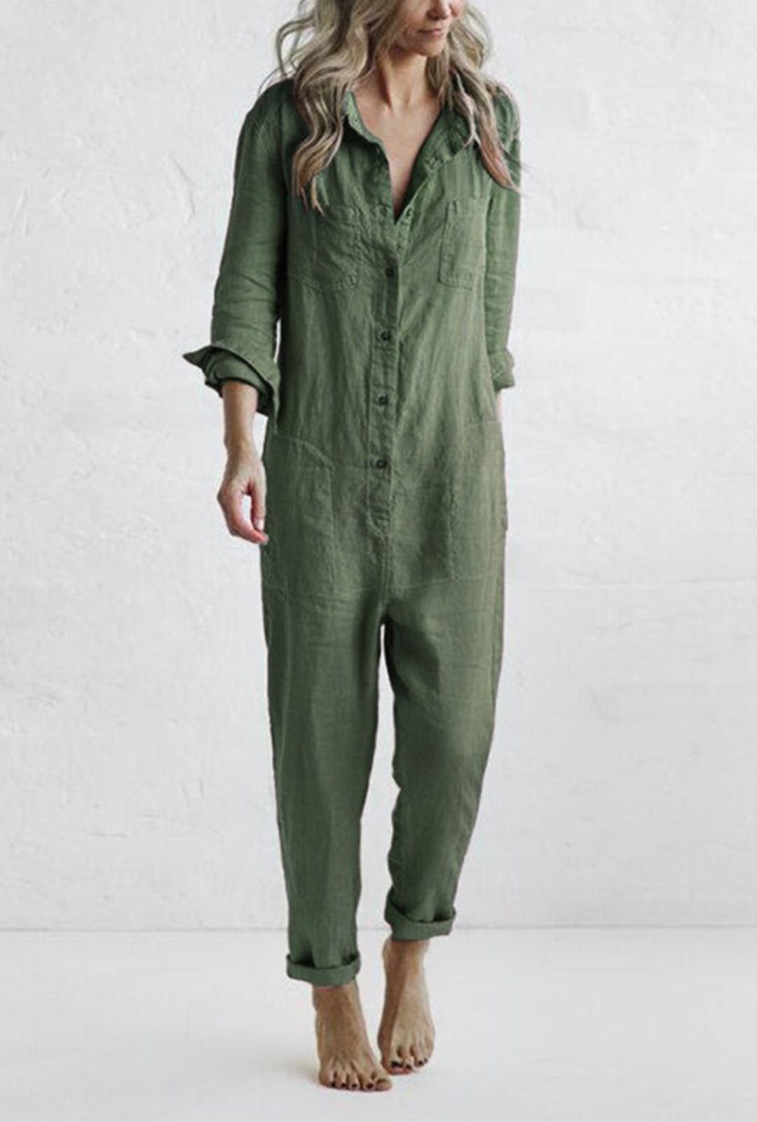 Women's Long Sleeve Button-Front Jumpsuit with Point Collar and Patch Pockets