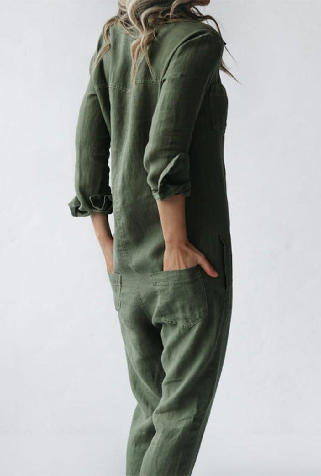 Women's Long Sleeve Button-Front Jumpsuit with Point Collar and Patch Pockets