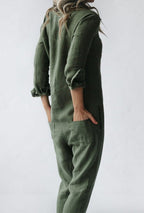 Women's Long Sleeve Button-Front Jumpsuit with Point Collar and Patch Pockets