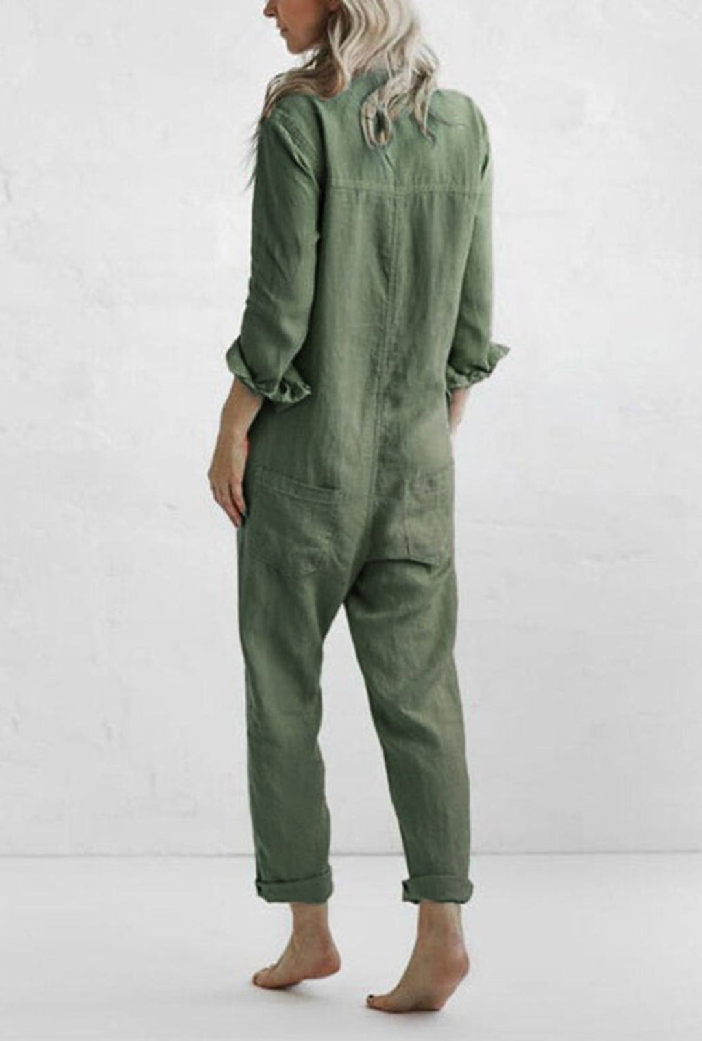 Women's Long Sleeve Button-Front Jumpsuit with Point Collar and Patch Pockets