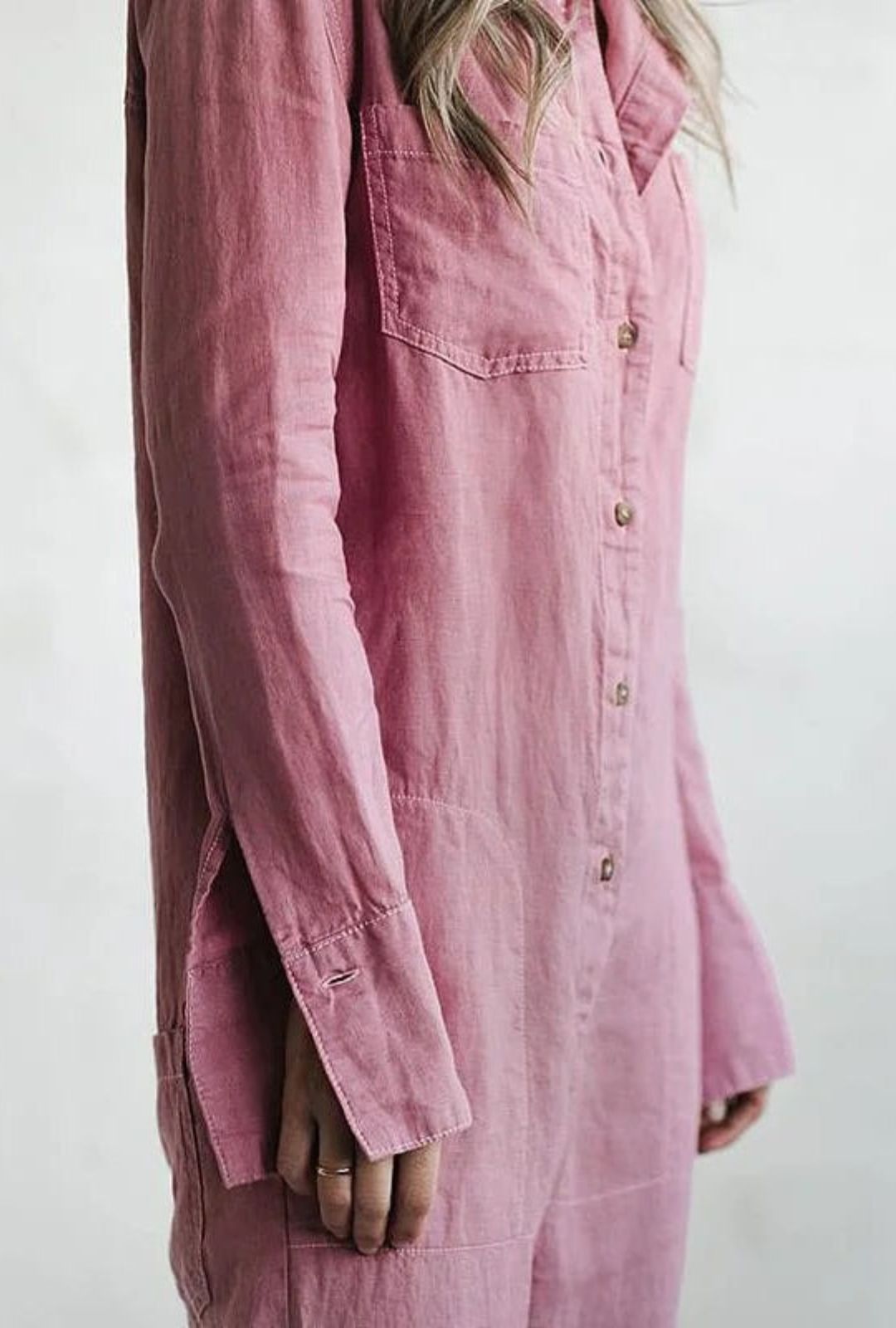 Women's Long Sleeve Button-Front Jumpsuit with Point Collar and Patch Pockets