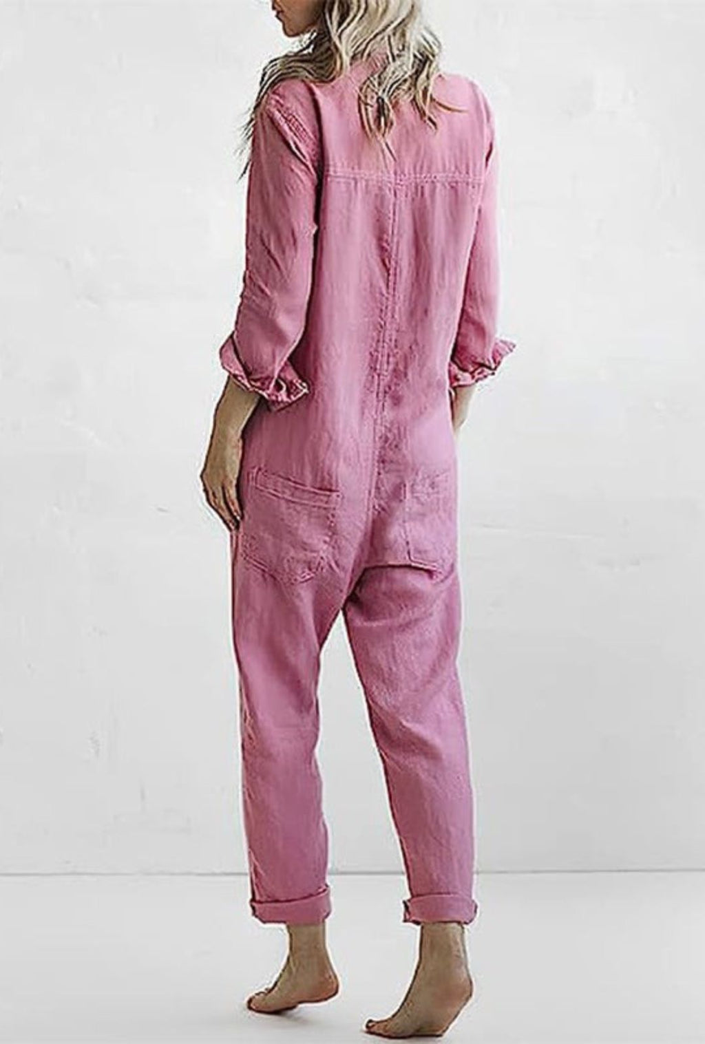 Women's Long Sleeve Button-Front Jumpsuit with Point Collar and Patch Pockets