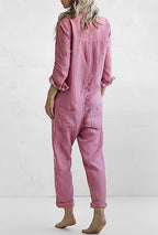 Women's Long Sleeve Button-Front Jumpsuit with Point Collar and Patch Pockets