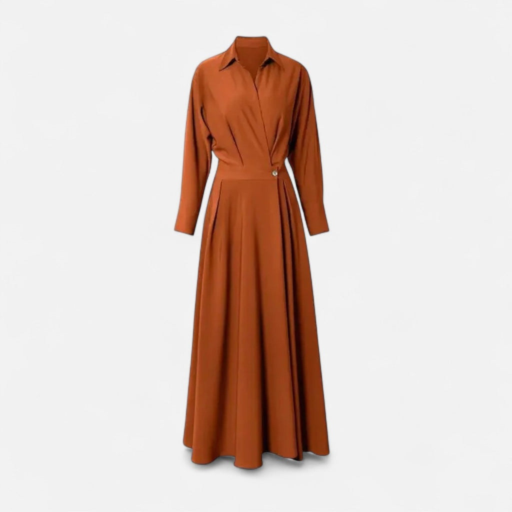 Women's Long Sleeve Maxi Dress with Point Collar Crossover Bodice and Single Button Waist Detail