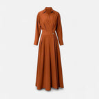 Women's Long Sleeve Maxi Dress with Point Collar Crossover Bodice and Single Button Waist Detail