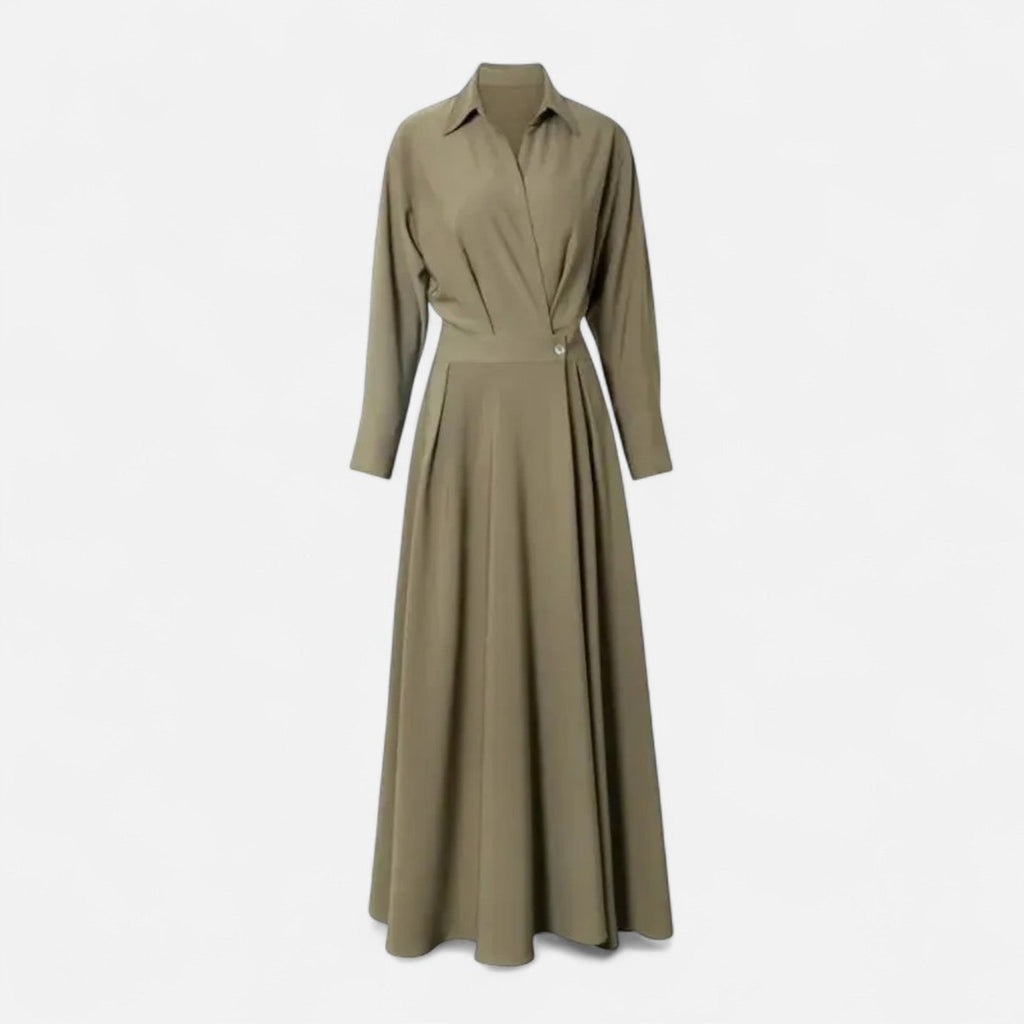 Women's Long Sleeve Maxi Dress with Point Collar Crossover Bodice and Single Button Waist Detail