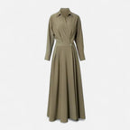 Women's Long Sleeve Maxi Dress with Point Collar Crossover Bodice and Single Button Waist Detail