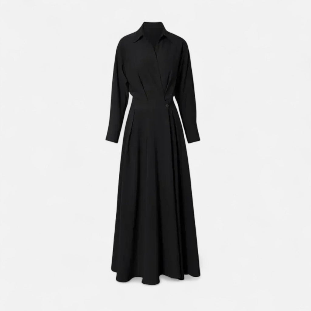 Women's Long Sleeve Maxi Dress with Point Collar Crossover Bodice and Single Button Waist Detail
