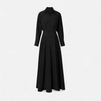 Women's Long Sleeve Maxi Dress with Point Collar Crossover Bodice and Single Button Waist Detail