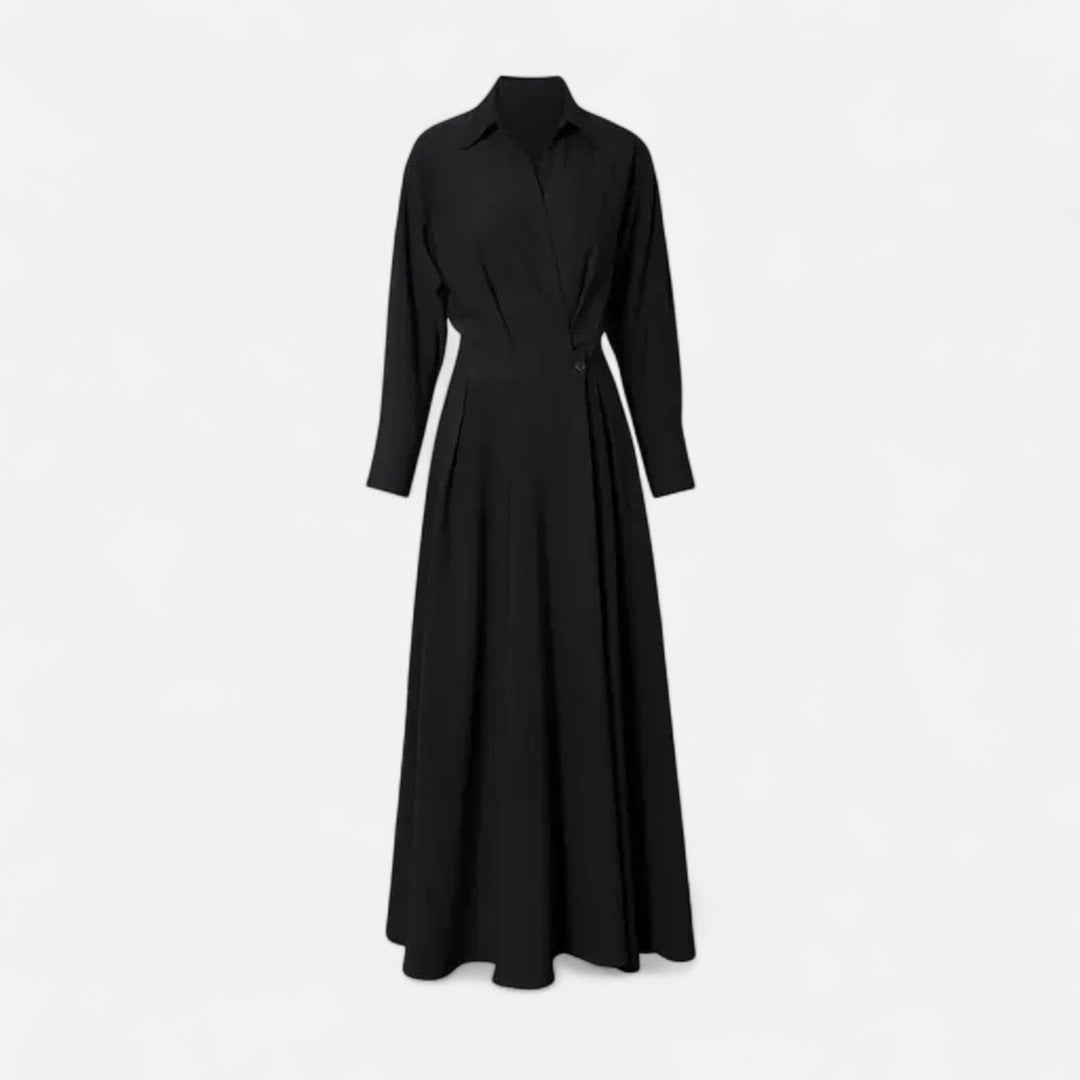 Women's Long Sleeve Maxi Dress with Point Collar Crossover Bodice and Single Button Waist Detail