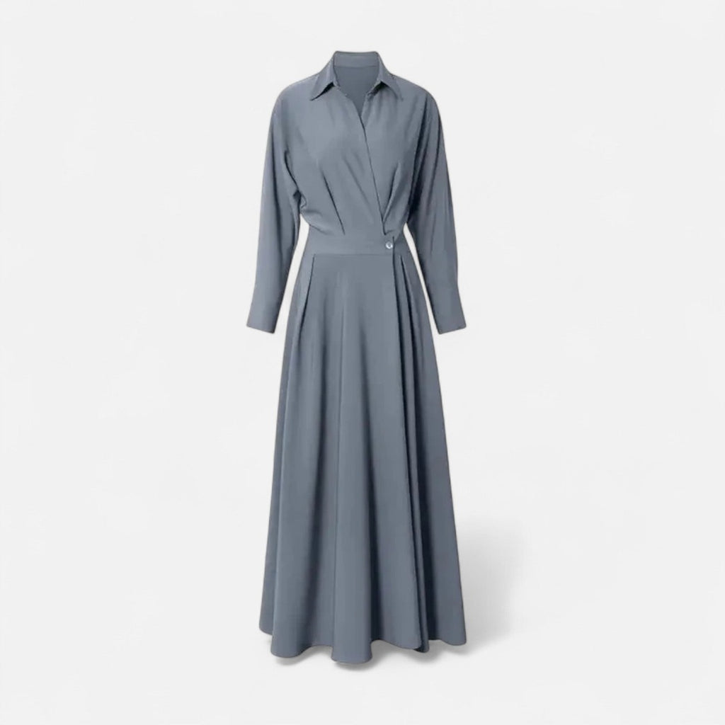 Women's Long Sleeve Maxi Dress with Point Collar Crossover Bodice and Single Button Waist Detail