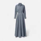 Women's Long Sleeve Maxi Dress with Point Collar Crossover Bodice and Single Button Waist Detail