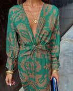 Women's Long Sleeve Midi Dress with Deep V-Neckline and Twisted Knot Waist Detail in Amber Botanical Print