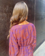 Women's Long Sleeve Midi Dress with Deep V-Neckline and Twisted Knot Waist Detail in Amber Botanical Print