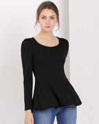 Women's Long Sleeve Peplum Top with Scoop Neckline and Gathered Shoulder Detail