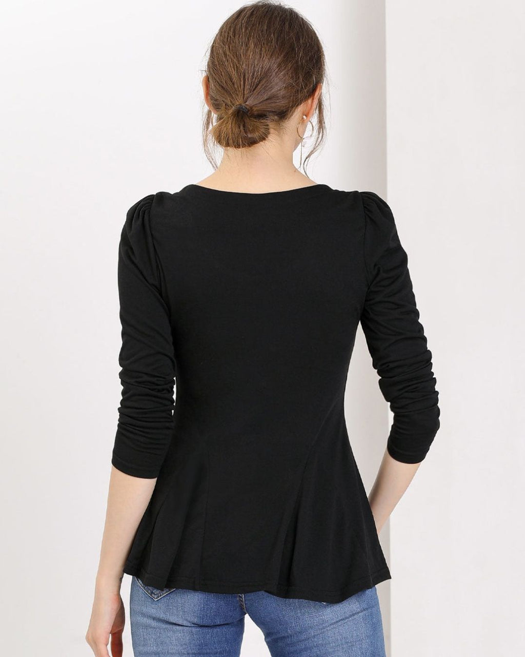 Women's Long Sleeve Peplum Top with Scoop Neckline and Gathered Shoulder Detail