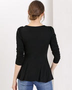 Women's Long Sleeve Peplum Top with Scoop Neckline and Gathered Shoulder Detail