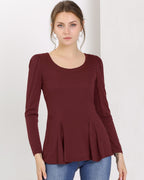Women's Long Sleeve Peplum Top with Scoop Neckline and Gathered Shoulder Detail