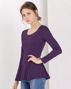 Women's Long Sleeve Peplum Top with Scoop Neckline and Gathered Shoulder Detail