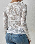 Women's Long Sleeve Sheer Floral Open-Weave Top with V-Neckline and Scalloped Edge Trim