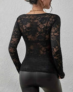 Women's Long Sleeve Sheer Floral Open-Weave Top with V-Neckline and Scalloped Edge Trim